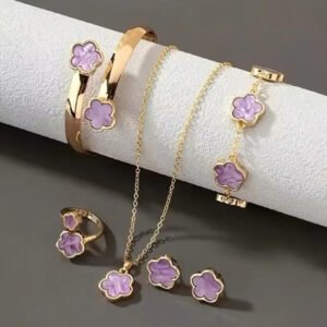 محظوظ الأرجواني خمسة بتلات زهرة البرسيم أقراط قلادة حلقة سوار خمس قطع مجموعة للمرأة المألوف حزب سحر المجوهرات