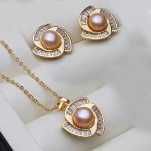 مجموعة المياه العذبة الطبيعية الحقيقية مع أقراط اللؤلؤ وقلادة امرأة، مجموعة اللؤلؤ المطلية بالذهب هدية الأم زوجة وردي رمادي أسود