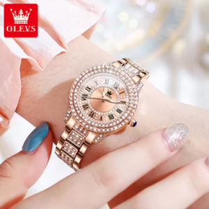 ساعة OLEVS 9943 الماسية الأصلية للنساء فاخرة وأنيقة من الفولاذ المقاوم للصدأ مقاومة للماء كوارتز ساعة يد عصرية للسيدات