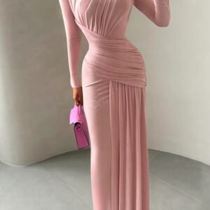 Nibber طيات فستان ماكسي المرأة س الرقبة كم كامل الصلبة مأدبة أنيقة عطلة موضة الخريف نحيل عادية بسيطة فيستدوس